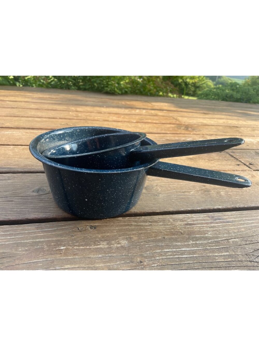 Enamelware Nesting Saucepan Set With Speckled Blue Finish Lightweight & Durable